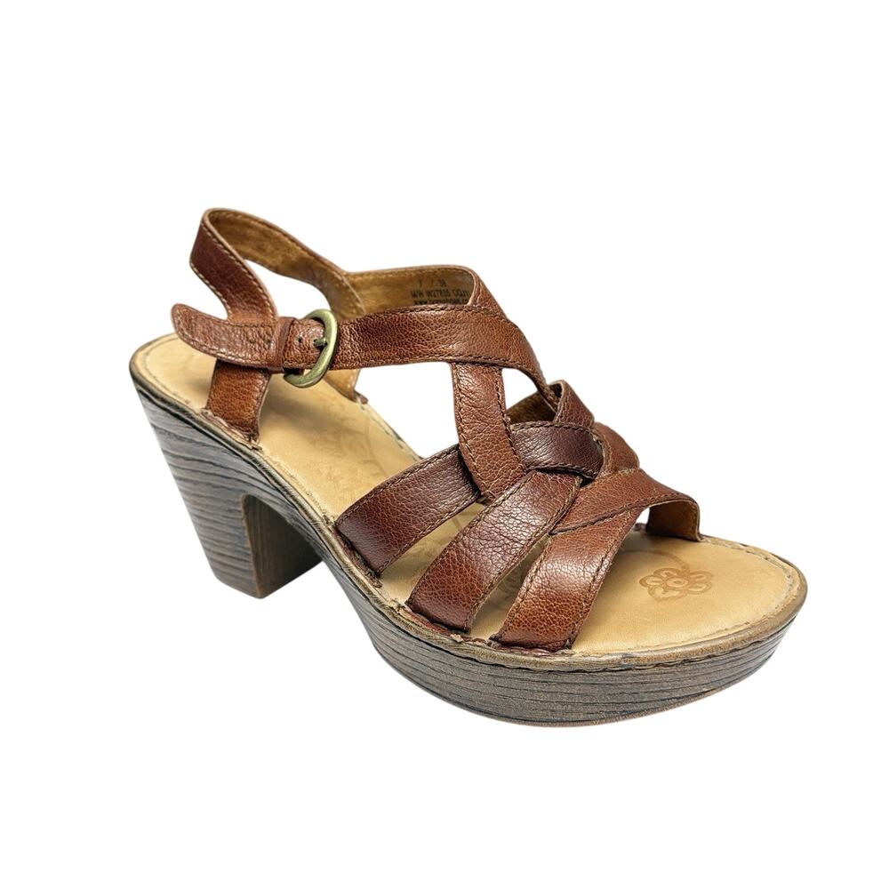 Born Brown Leather Woven Platform Heel Sandals Size 7